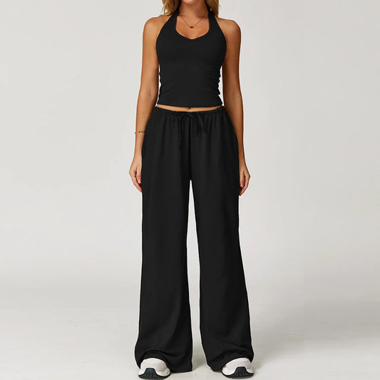 Damen Lounge Set Crop und Hose Baumwolle Beige - Eveloria