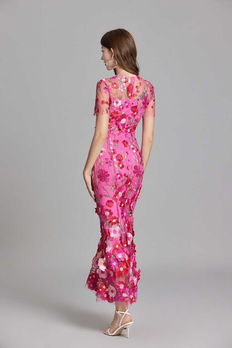 Damen Maxikleid Transparent mit Blumenstickerei
