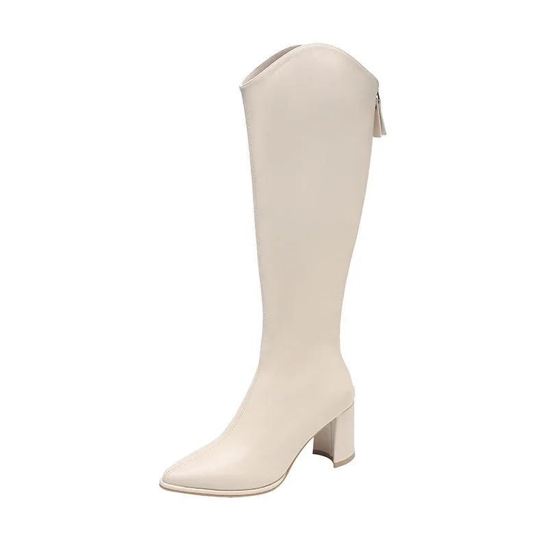 Damen Knee High Stiefel mit Reißverschluss Blockabsatz