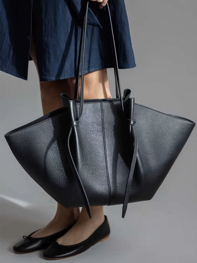 Damen Große Tote Tasche Leder Schleifendetail Lange Henkel