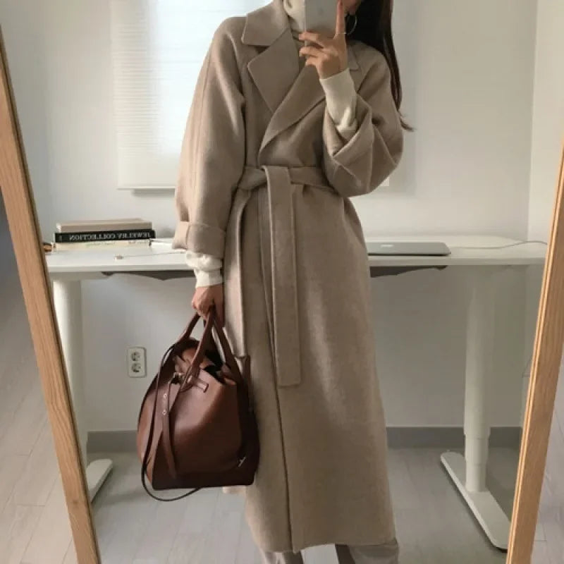 Damen Mantel Lang Warm Gürtel Weite Ärmel