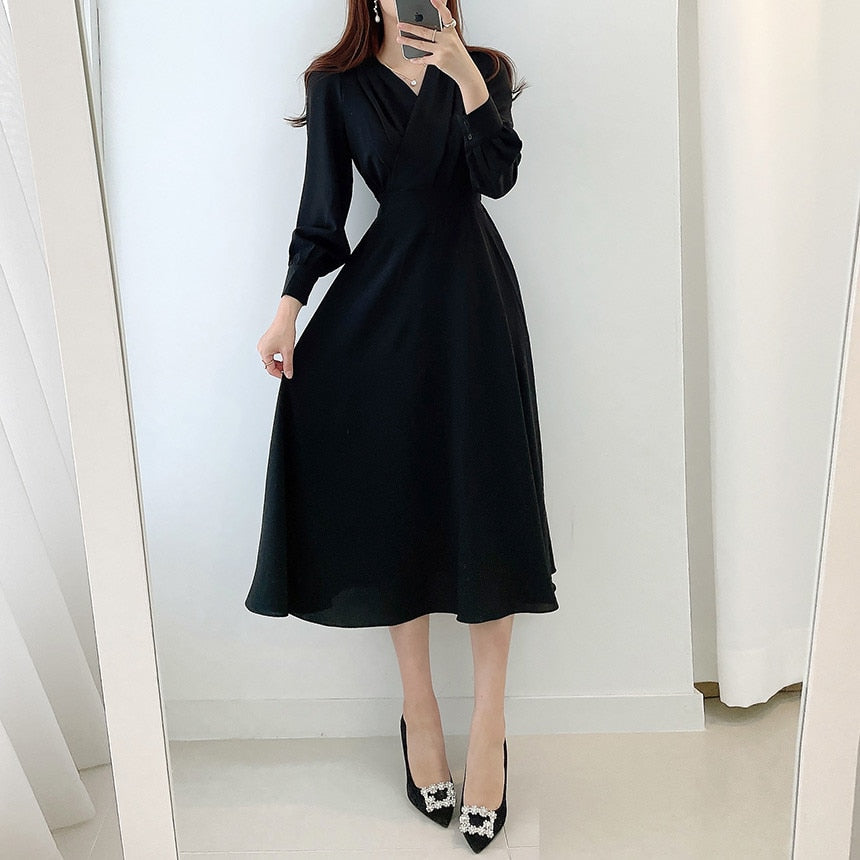 Eveloria Damenkleid Puffärmel V-Ausschnitt A-Linie