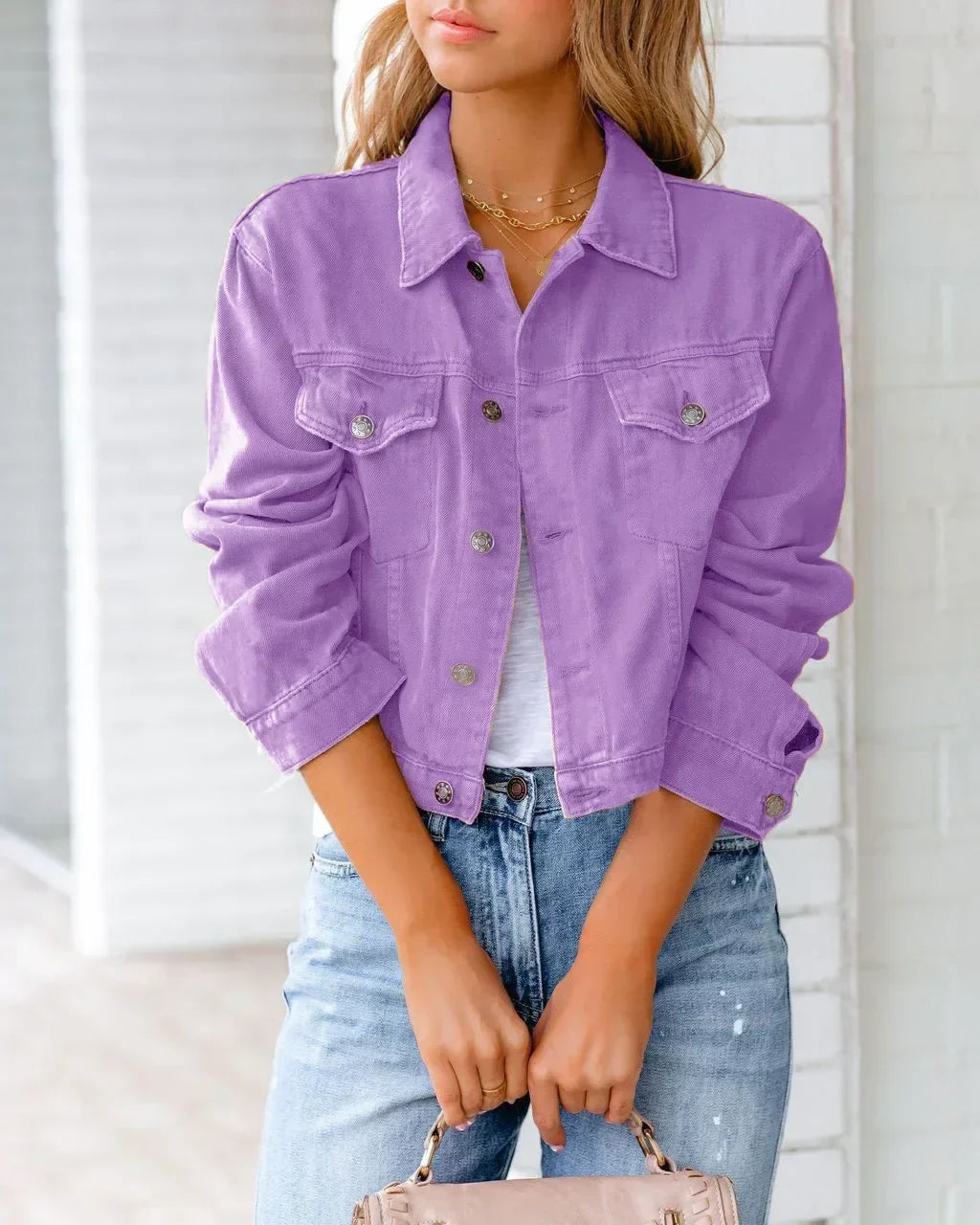 Damen Denim-Jacke Kurz Knopf Ärmel Blau