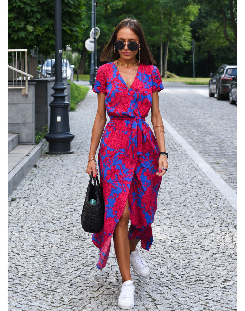 Damen Wickelmaxikleid V-Ausschnitt Kurzarm Bindegürtel Sommerkleid