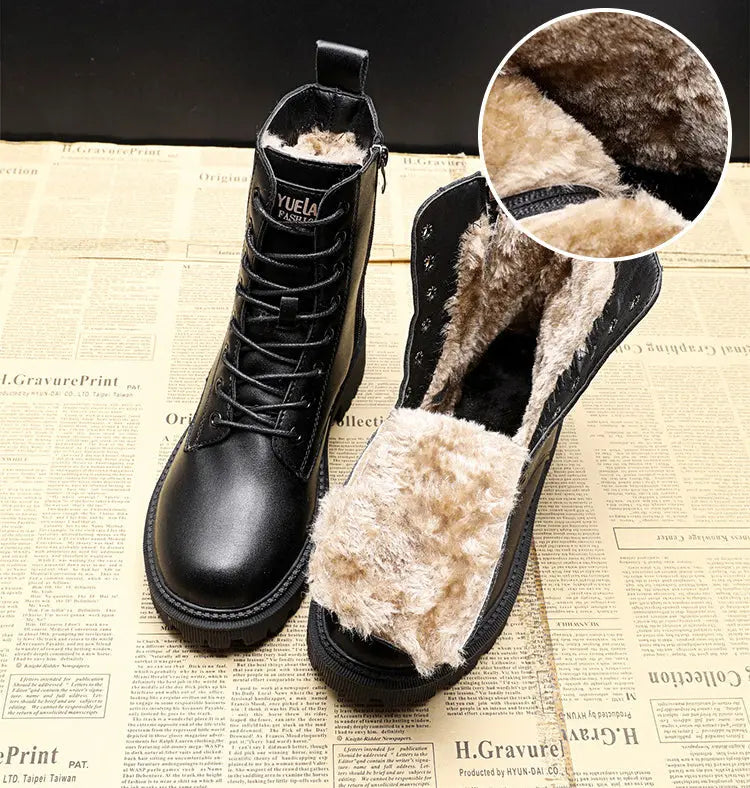 Damen Schnürstiefeletten Leder Warmfutter Rutschfest