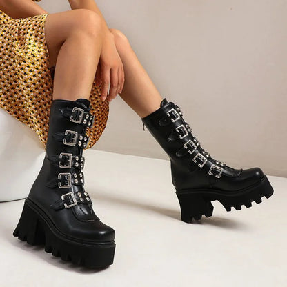 Damen Gothic Stiefel Hochabsatz Chunky