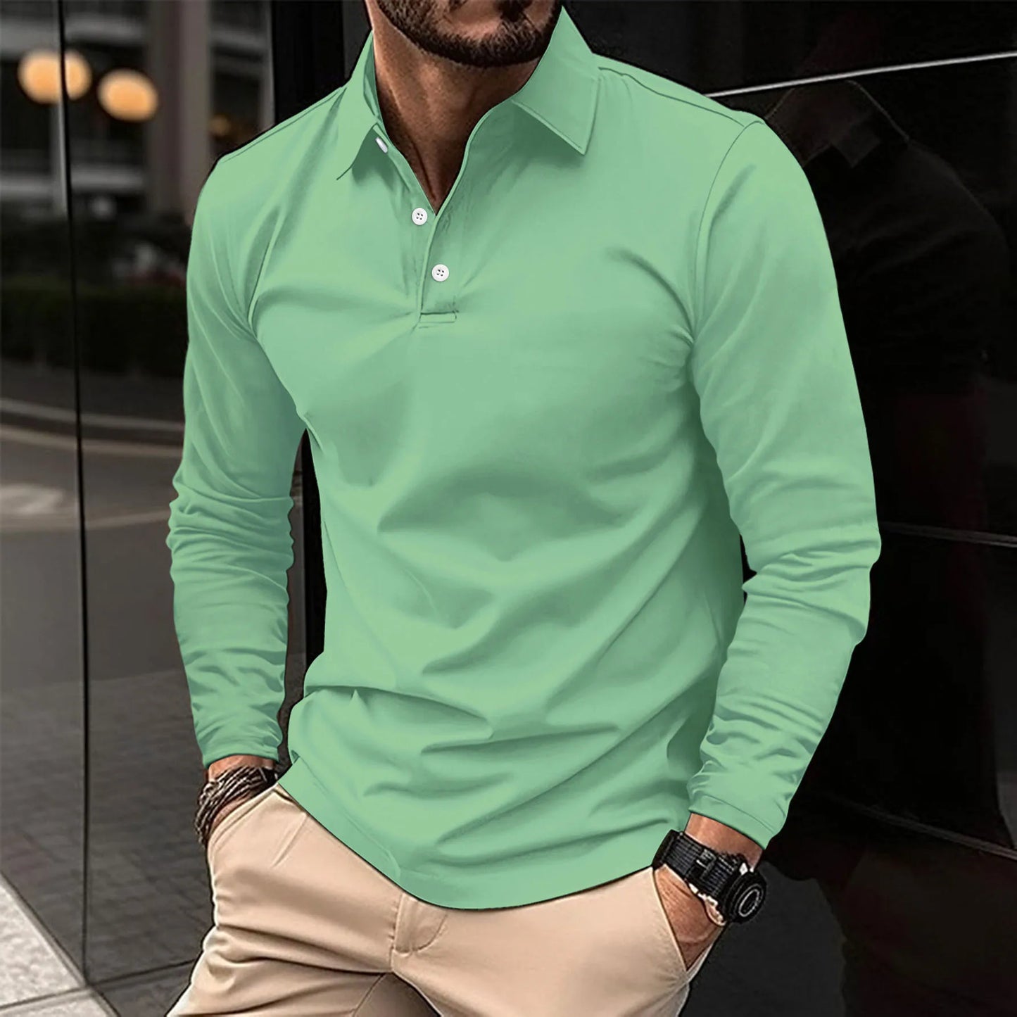 Herren Langarm Polo-Shirt Lässig Baumwolle Weiß