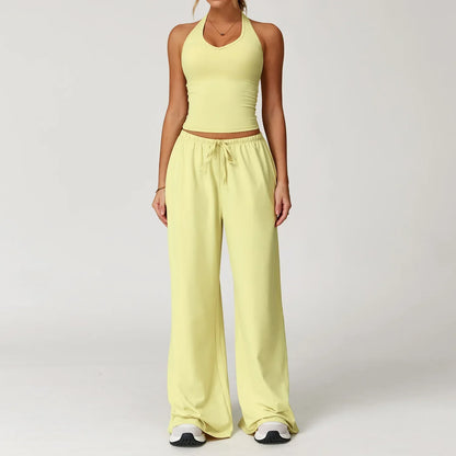 Damen Lounge Set Crop und Hose Baumwolle Beige