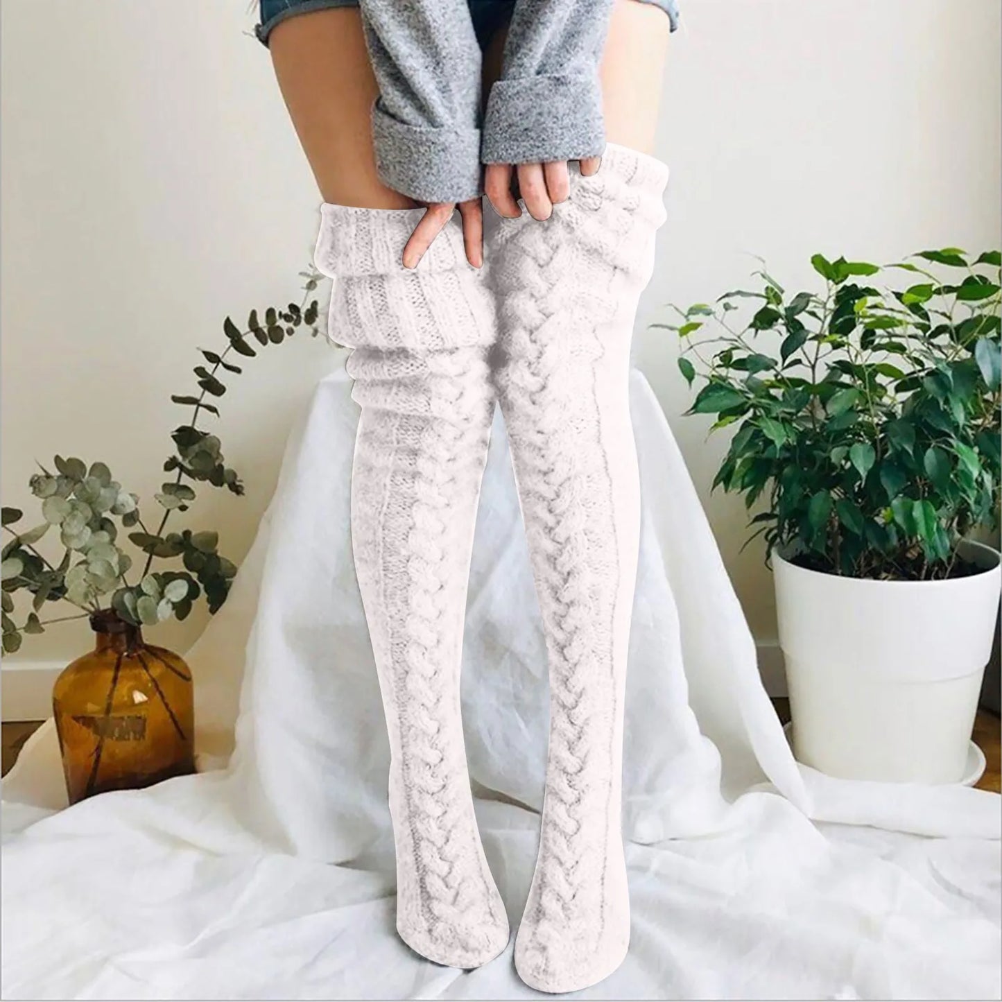 Damen Strick Overknee Socken Warm Weich Zopfmuster