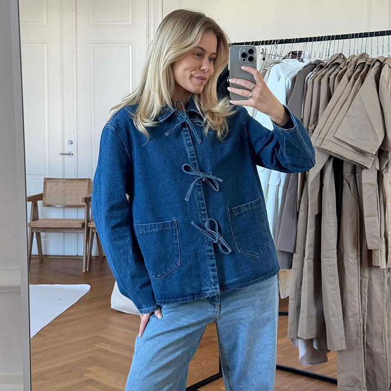 Damen Jeansjacke Oversized 100% Baumwolle mit Bindegürtel - Eveloria