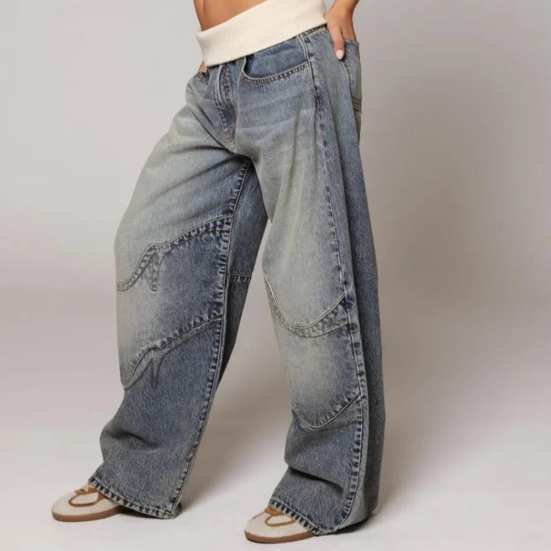 Damen Baggy Jeans Weites Bein Niedriger Bund