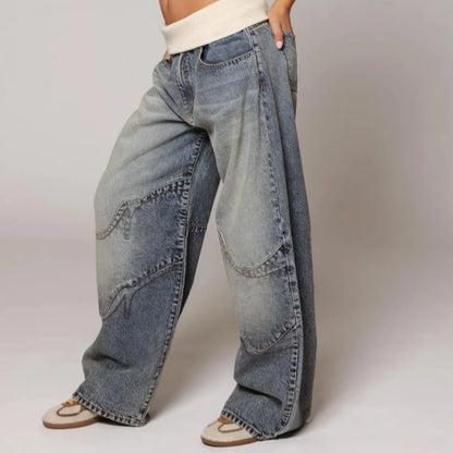 Damen Baggy Jeans Weites Bein Niedriger Bund