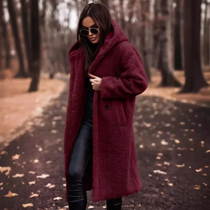 Damen Kapuzenplüschmantel Lang Uni-Farbe