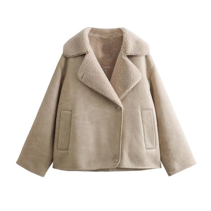 Damen Oversized Jacke Großer Reverskragen Knöpfe Fleecefutter - Eveloria