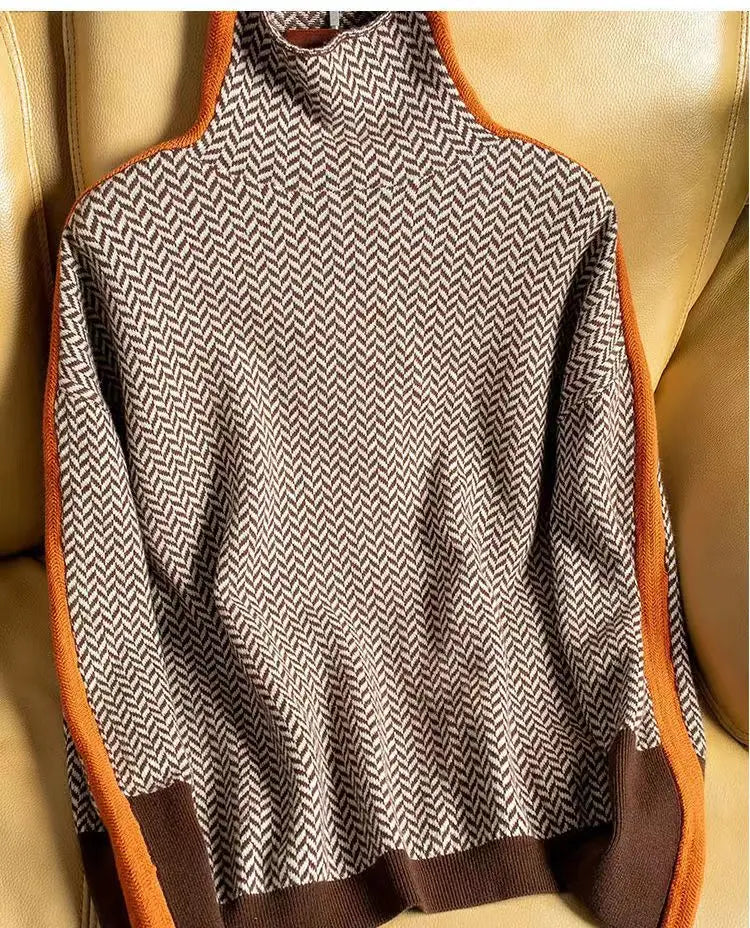 Damen Rollkragenpullover Fischgrät Muster Wollmix Schwarz - Eveloria
