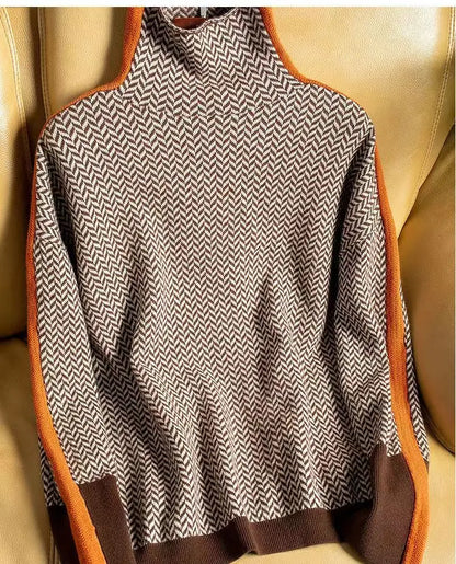 Damen Rollkragenpullover Fischgrät Muster Wollmix Schwarz - Eveloria