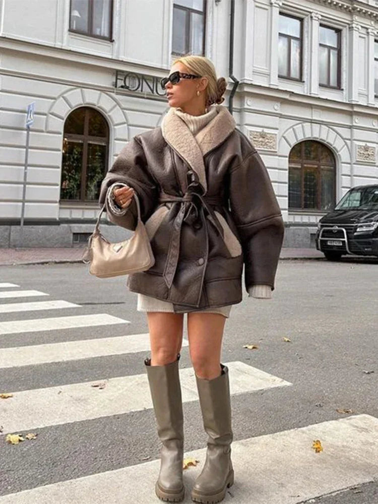 Damen Kunstledermantel Oversized mit Taillengürtel