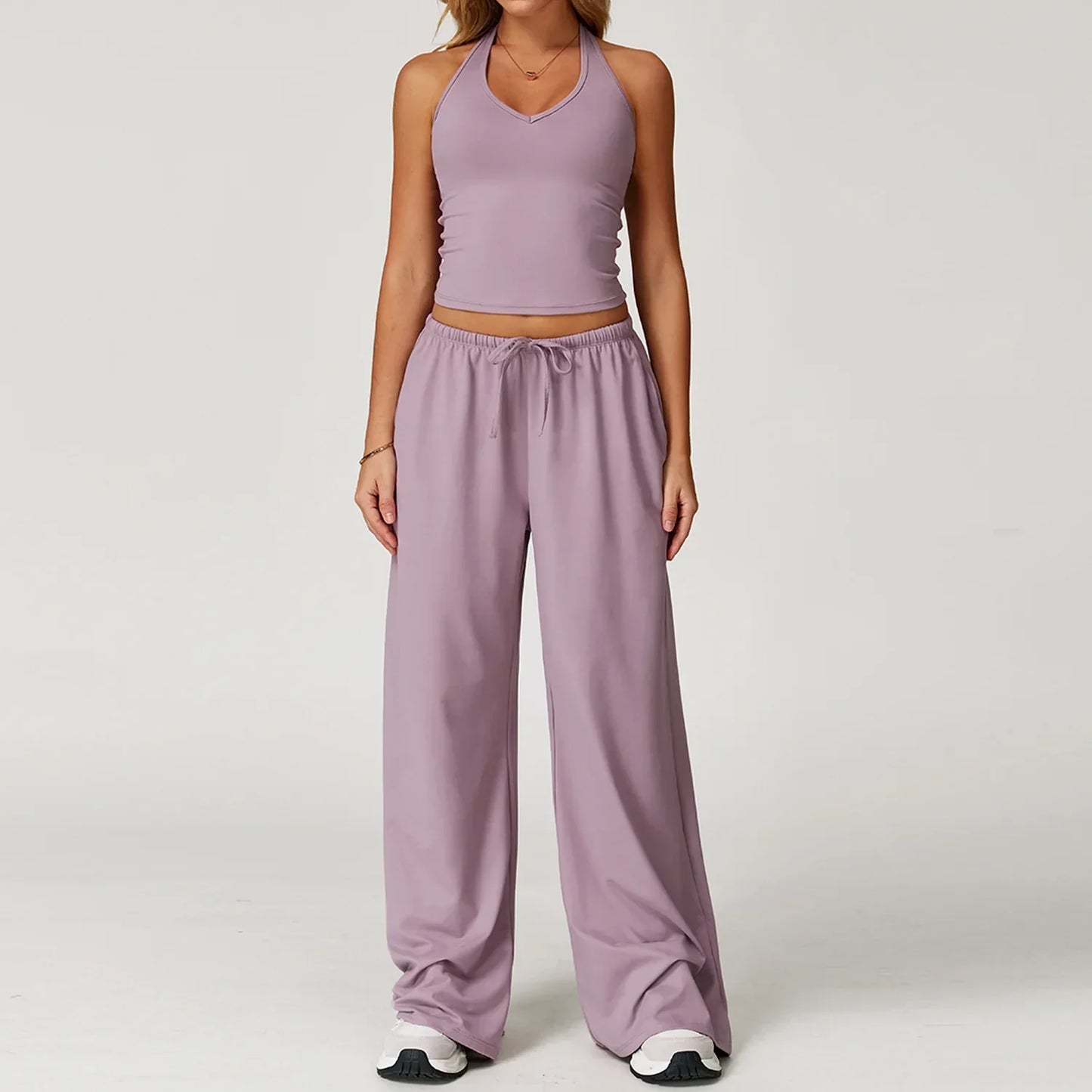 Damen Lounge Set Crop und Hose Baumwolle Beige