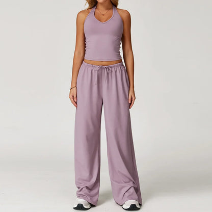 Damen Lounge Set Crop und Hose Baumwolle Beige