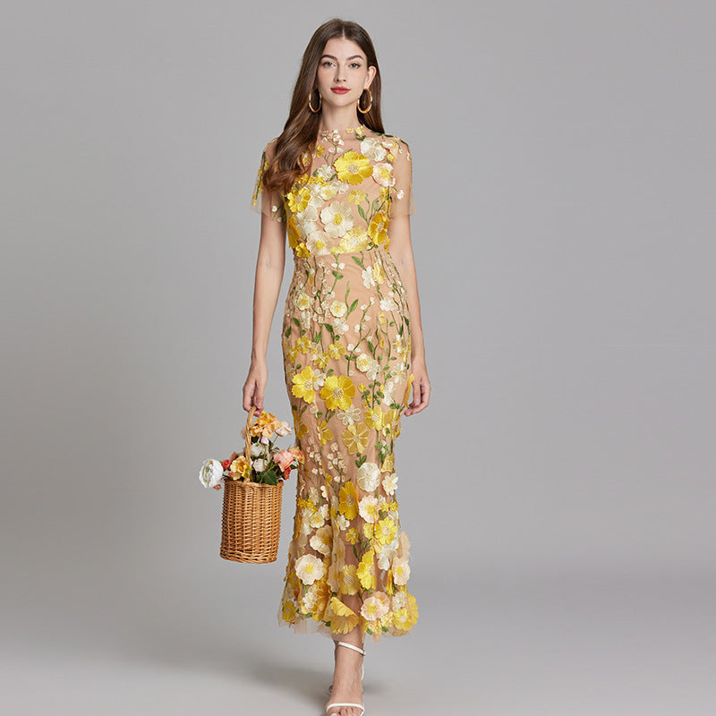 Damen Maxikleid Transparent mit Blumenstickerei - Eveloria