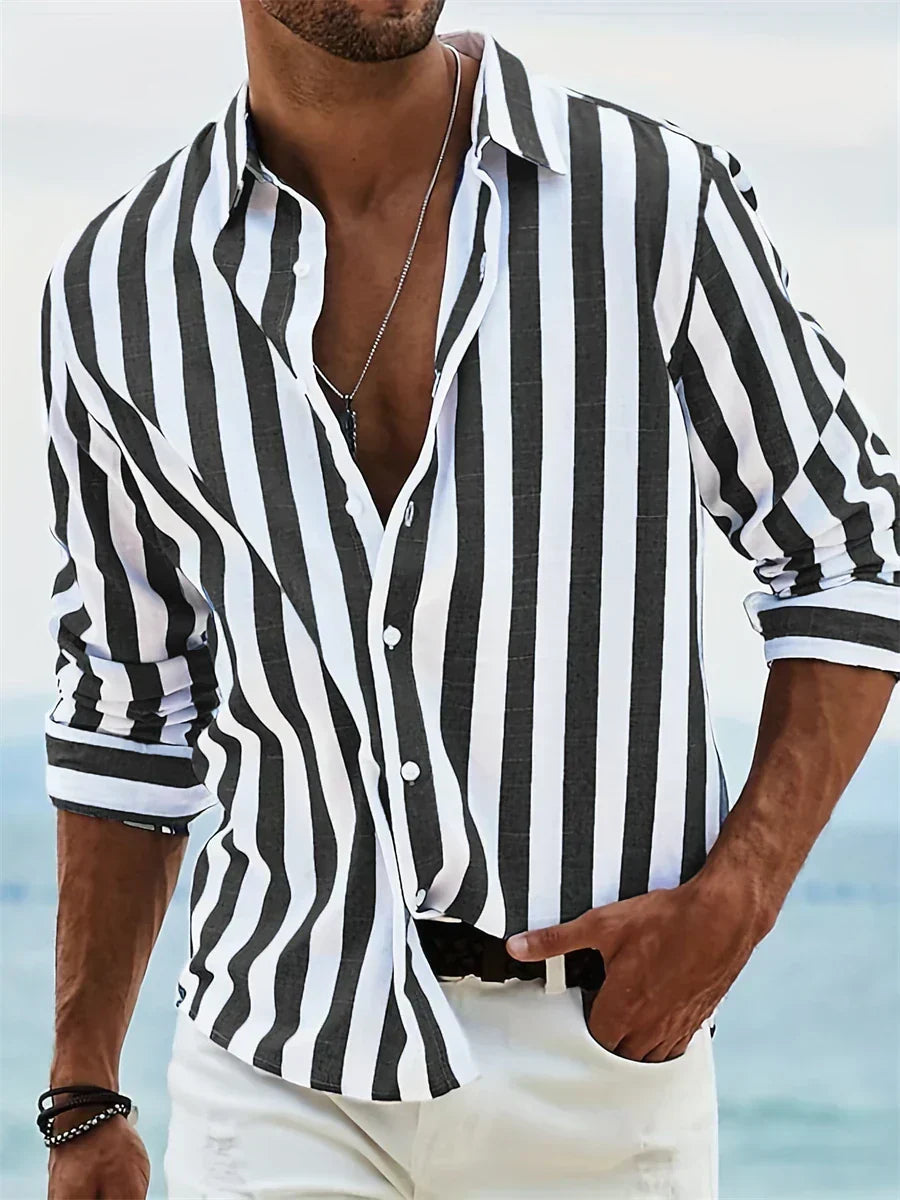 Herren Freizeithemd Gestreift Button-Down Baumwolle Blau-Weiß