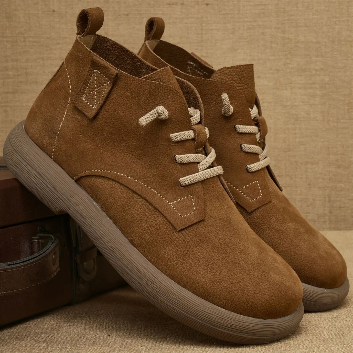 Herren Ankle Boots Weiches Leder Braun Schnürung