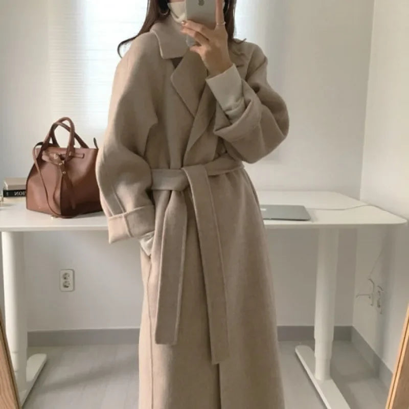 Damen Mantel Lang Warm Gürtel Weite Ärmel