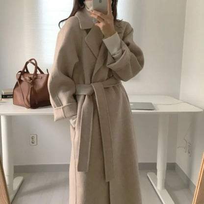 Damen Mantel Lang Warm Gürtel Weite Ärmel