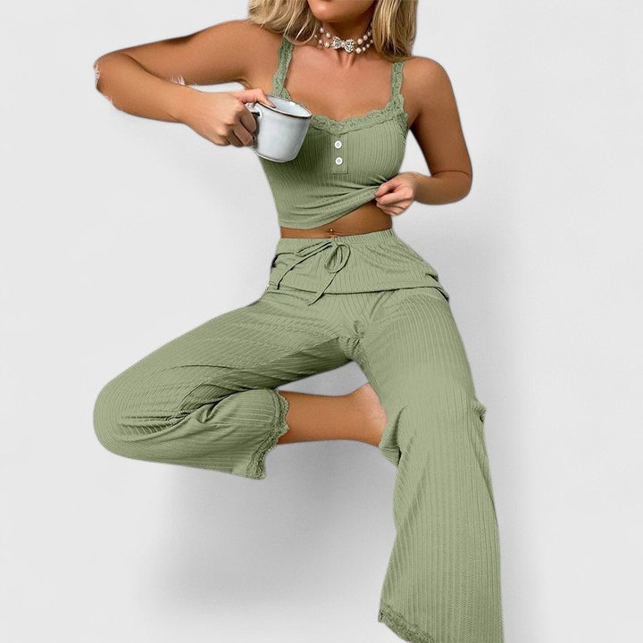 Damen Pyjama-Set Gerippt mit Spitzenbesatz