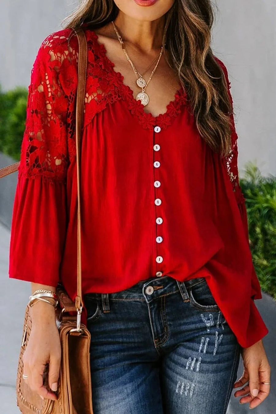 Damen V-Ausschnitt Bluse Spitzenärmel Blumenmuster Elegante Weiß