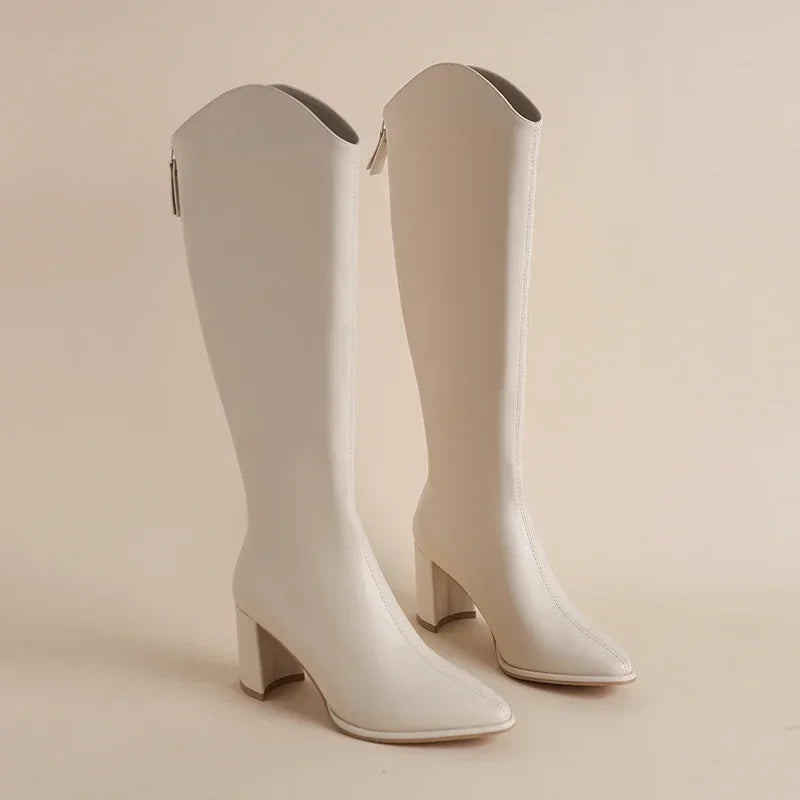 Damen Knee High Stiefel mit Reißverschluss Blockabsatz
