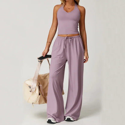 Damen Lounge Set Crop und Hose Baumwolle Beige