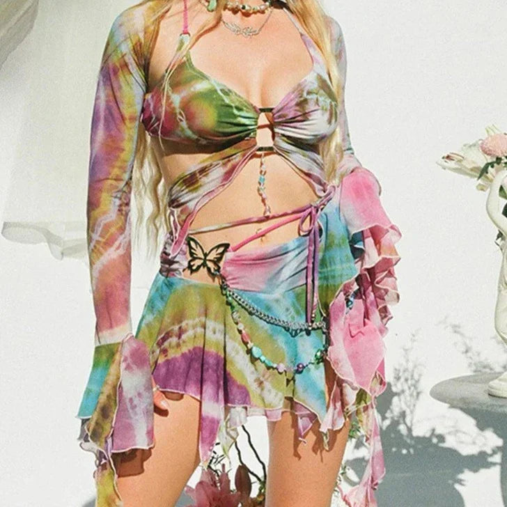 Eveloria Damen Crop und Minirock Mesh Schmetterling Muster Tie Dye