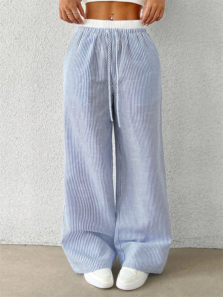 Damen Gestreifte Hose Weites Bein