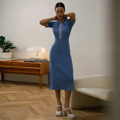 Eveloria Damen Kleid Gerippt Kontrastkragen