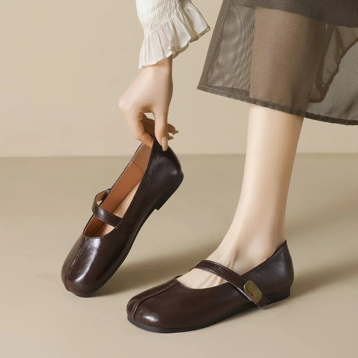 Damen Mary Jane Schuhe Runder Zehenbereich Flach Leder Braun