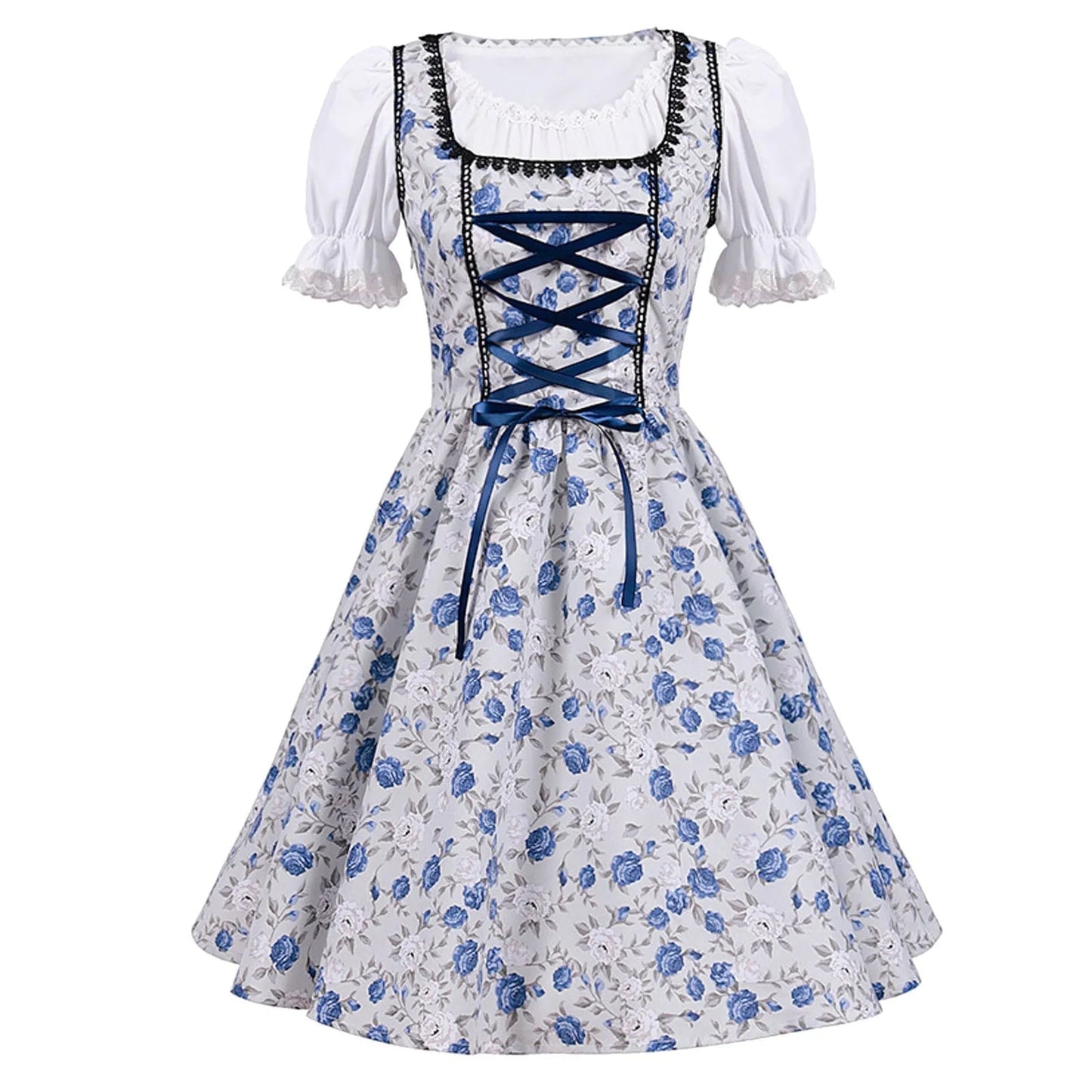 Eveloria Damen Dirndl Kurzärmelig Spitze Blau