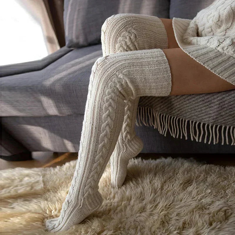 Damen Strick Overknee Socken Warm Weich Zopfmuster Beige