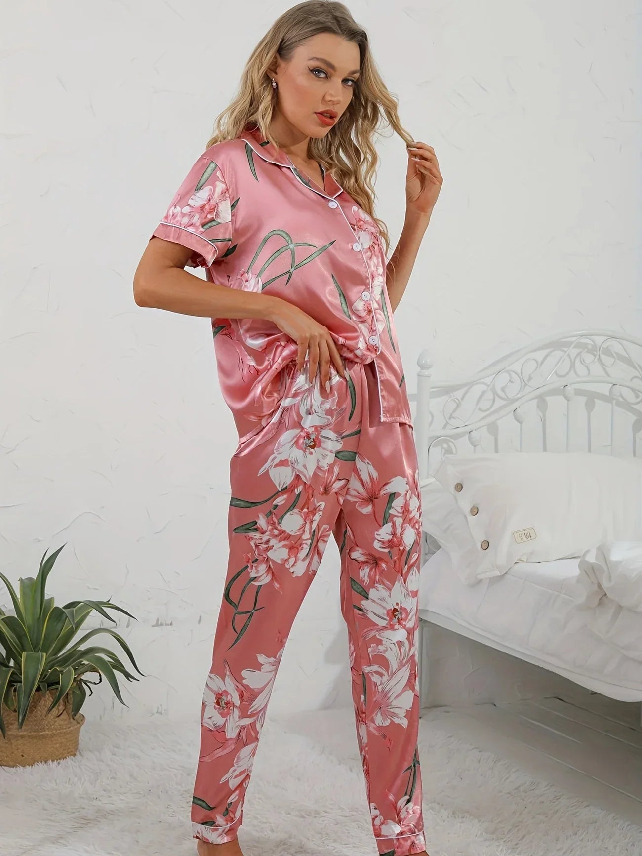 Damen Pyjama Set Zweiteiler Blumenmuster