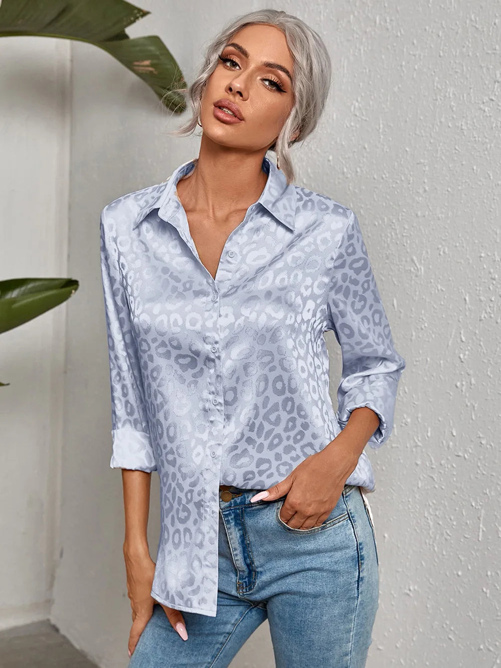 Damen Bluse Glanz-Effekt Knopfleiste Reverskragen Langarm