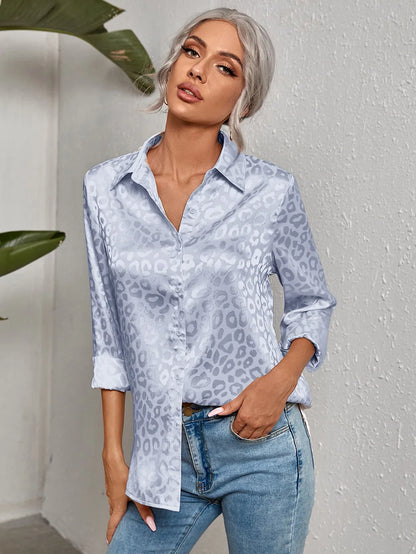 Damen Bluse Glanz-Effekt Knopfleiste Reverskragen Langarm