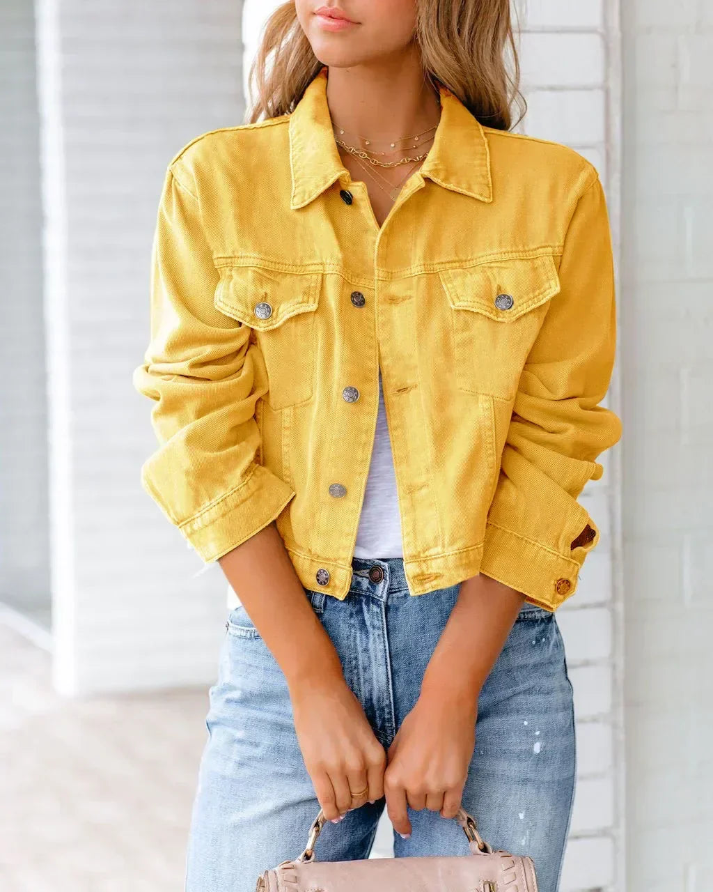 Damen Denim-Jacke Kurz Knopf Ärmel Blau