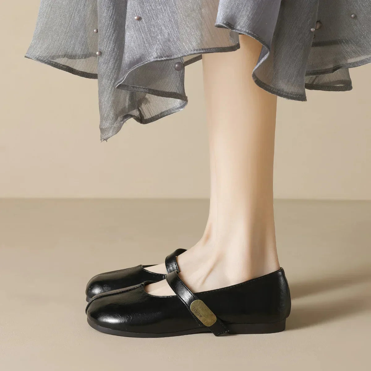 Damen Mary Jane Schuhe Runder Zehenbereich Flach Leder Braun