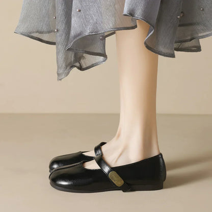 Damen Mary Jane Schuhe Runder Zehenbereich Flach Leder Braun