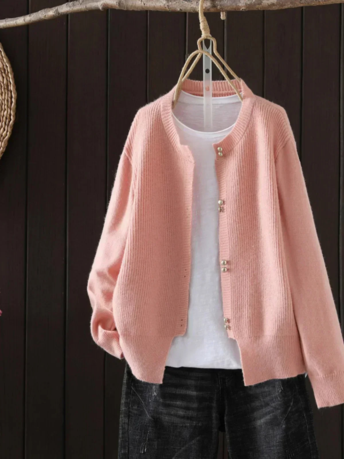 Damen Strickjacke Perlenknöpfe Elegantes Design Beige