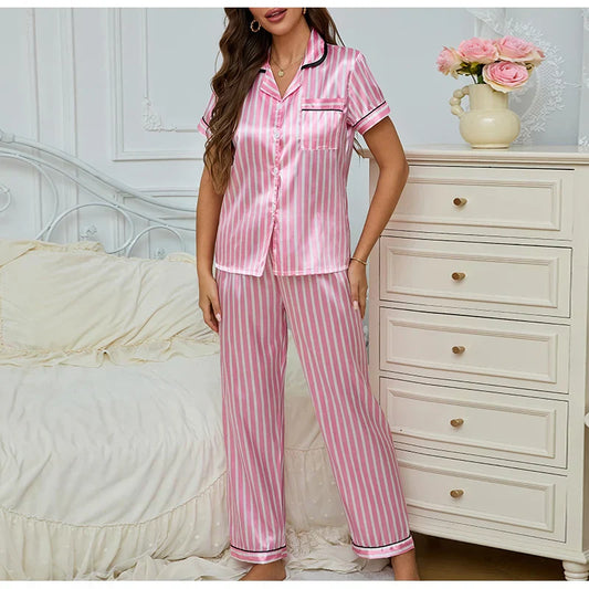 Damen Pyjama Set Zweiteiler Rosa Gestreift - Eveloria