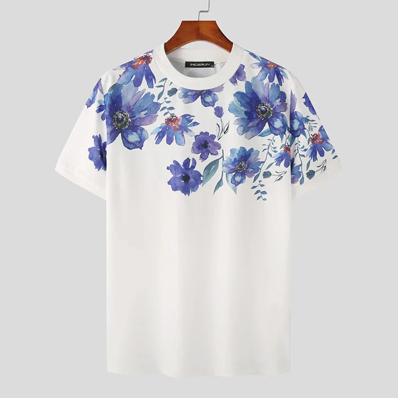 Herren Kurzarmshirt Floralmuster Baumwolle Blau
