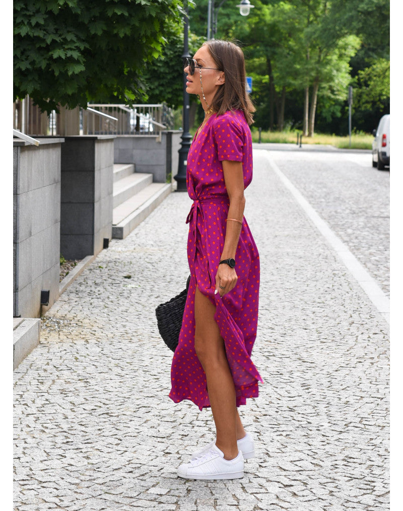 Damen Wickelkleid V-Ausschnitt Kurzarm Midi