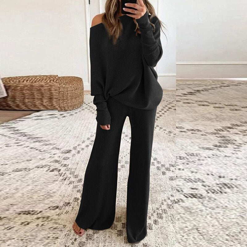 Damen Herbst Pullover Set Ein-Schulter-Modell mit lockerer Hose
