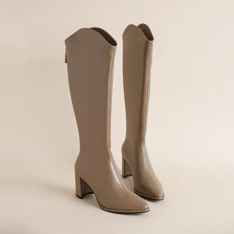 Damen Knee High Stiefel mit Reißverschluss Blockabsatz